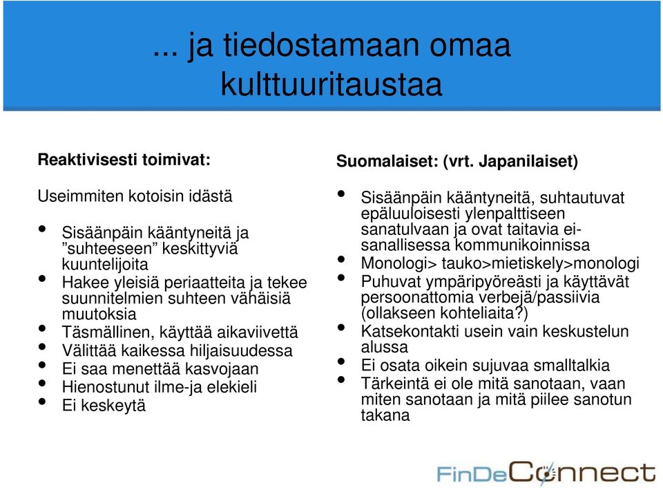 Japanilaiset) Sisäänpäin kääntyneitä, suhtautuvat epäluuloisesti ylenpalttiseen sanatulvaan ja ovat taitavia eisanallisessa kommunikoinnissa Monologi> tauko>mietiskely>monologi Puhuvat