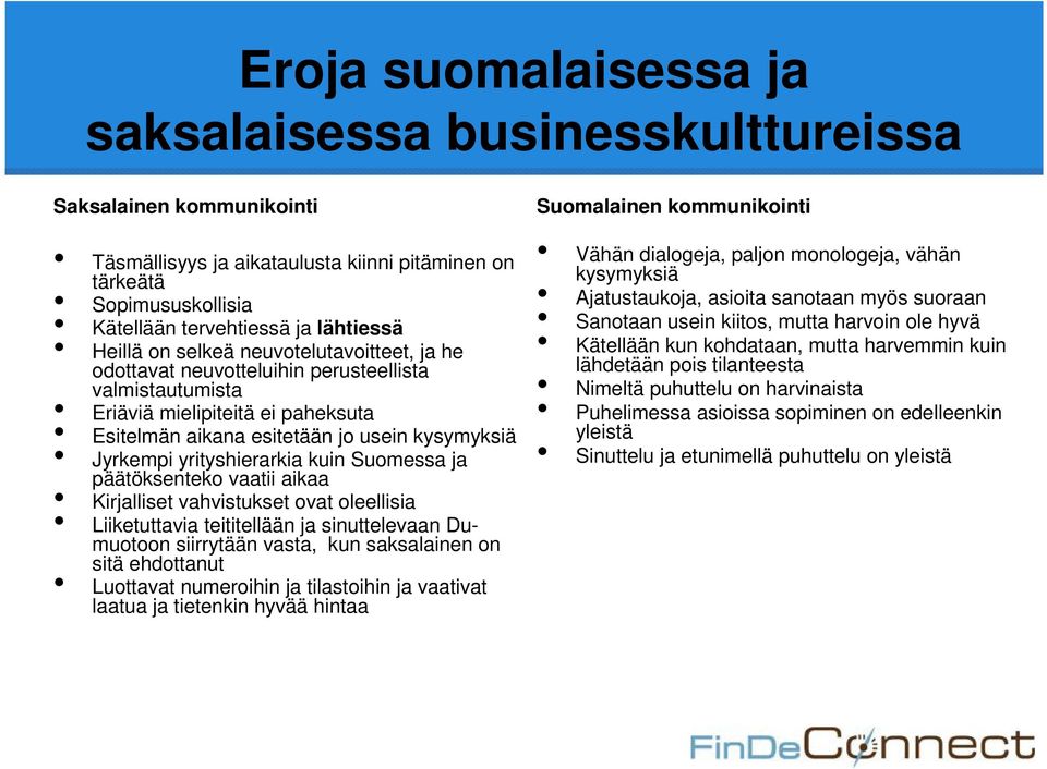 yrityshierarkia kuin Suomessa ja päätöksenteko vaatii aikaa Kirjalliset vahvistukset ovat oleellisia Liiketuttavia teititellään ja sinuttelevaan Dumuotoon siirrytään vasta, kun saksalainen on sitä