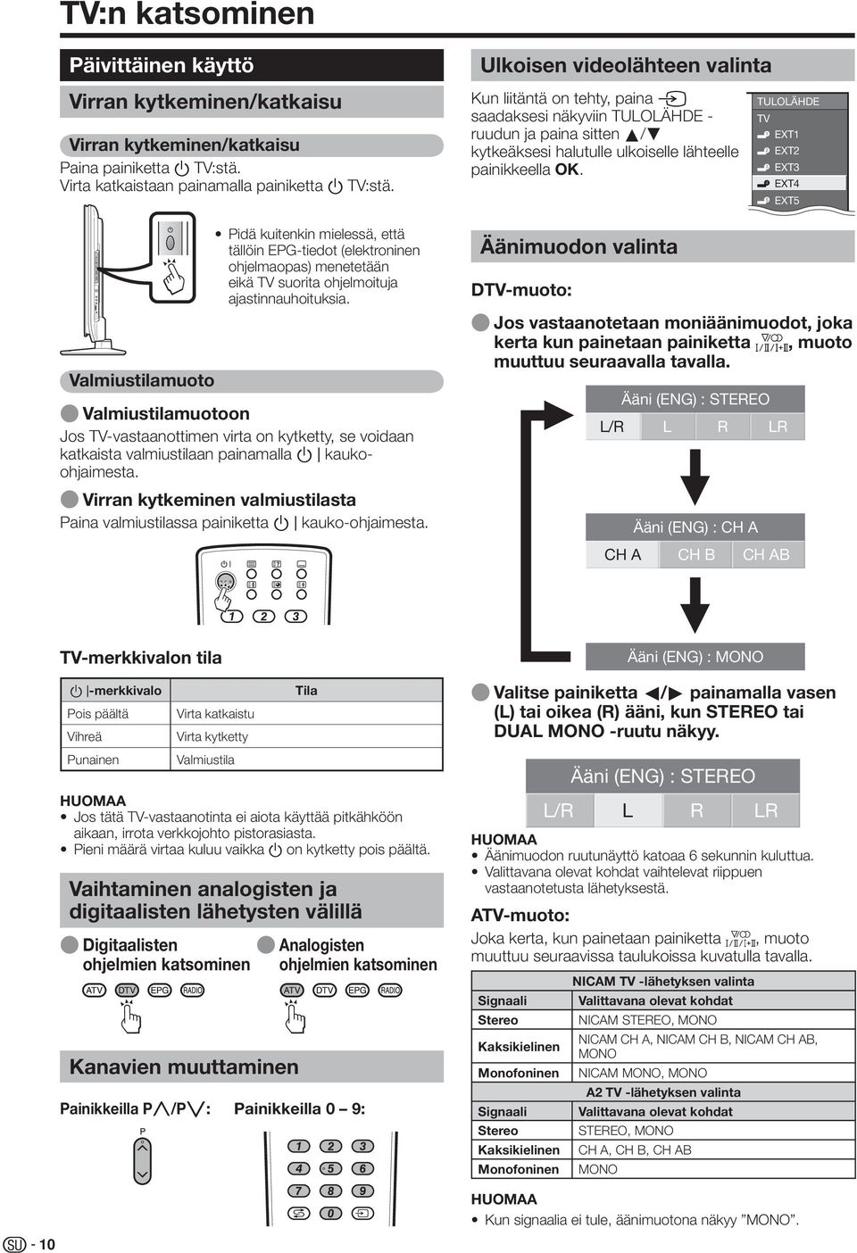 TULOLÄHDE TV EXT EXT EXT EXT4 EXT5 Valmiustilamuoto Pidä kuitenkin mielessä, että tällöin EPG-tiedot (elektroninen ohjelmaopas) menetetään eikä TV suorita ohjelmoituja ajastinnauhoituksia.