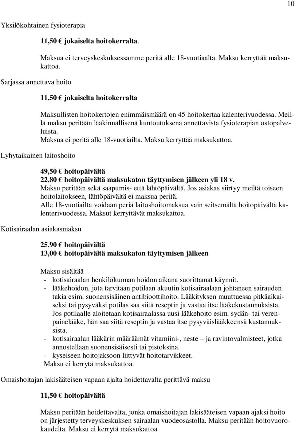 Meillä maksu peritään lääkinnällisenä kuntoutuksena annettavista fysioterapian ostopalveluista. Maksua ei peritä alle 18-vuotiailta. Maksu kerryttää maksukattoa.