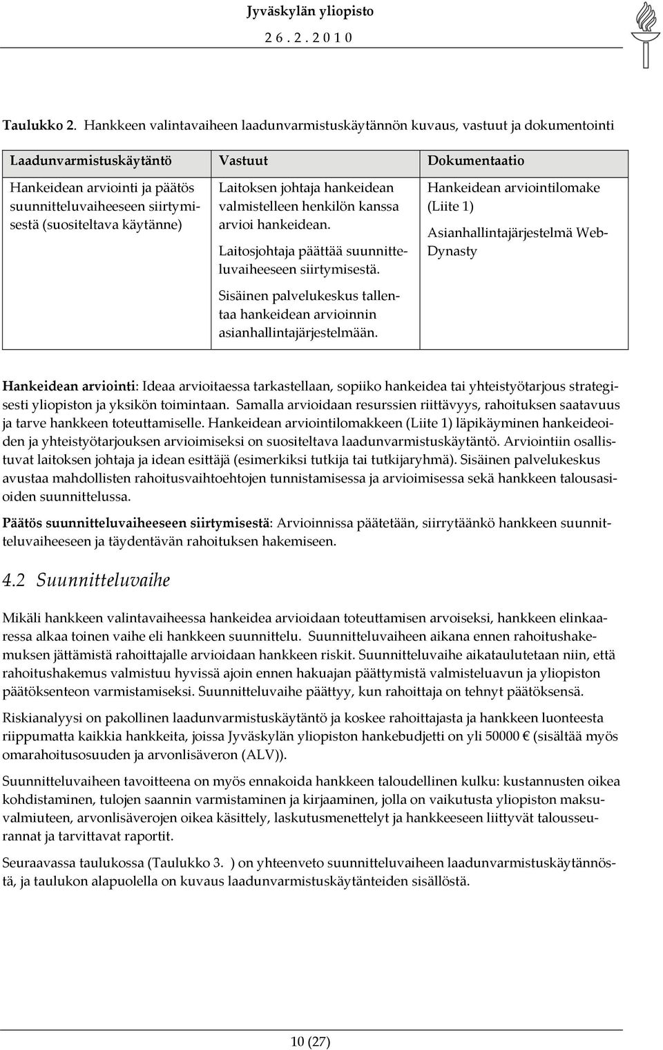 (suositeltava käytänne) Laitoksen johtaja hankeidean valmistelleen henkilön kanssa arvioi hankeidean. Laitosjohtaja päättää suunnitteluvaiheeseen siirtymisestä.