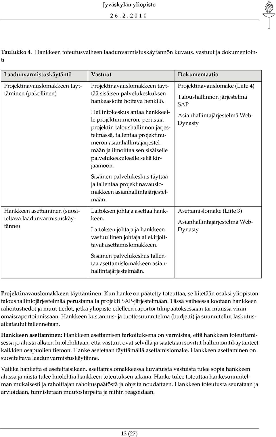 (suositeltava laadunvarmistuskäytänne) Projektinavauslomakkeen täyttää sisäisen palvelukeskuksen hankeasioita hoitava henkilö.