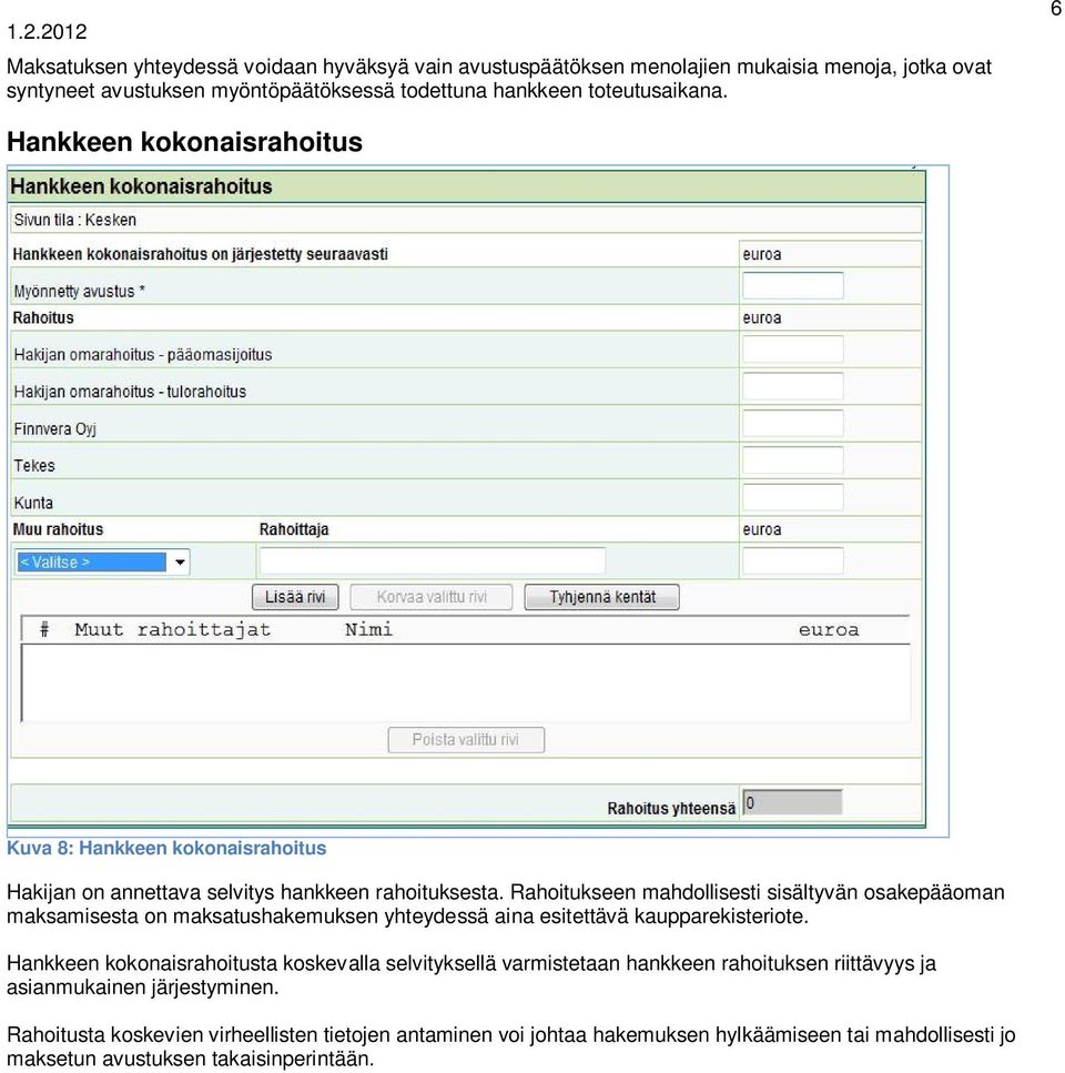 Rahoitukseen mahdollisesti sisältyvän osakepääoman maksamisesta on maksatushakemuksen yhteydessä aina esitettävä kaupparekisteriote.