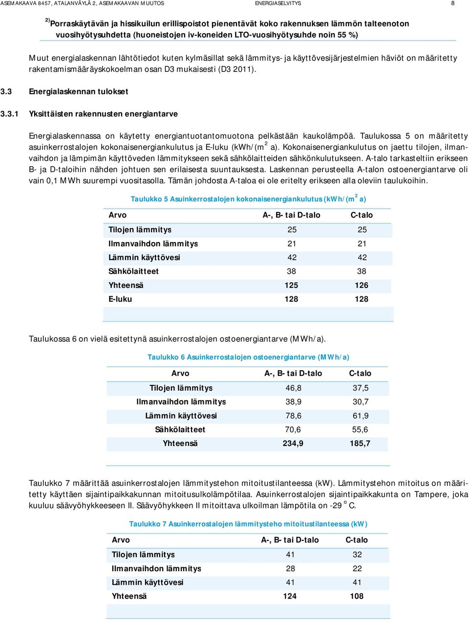 mukaisesti (D3 2011). 3.3 Energialaskennan tulokset 3.3.1 Yksittäisten rakennusten energiantarve Energialaskennassa on käytetty energiantuotantomuotona pelkästään kaukolämpöä.