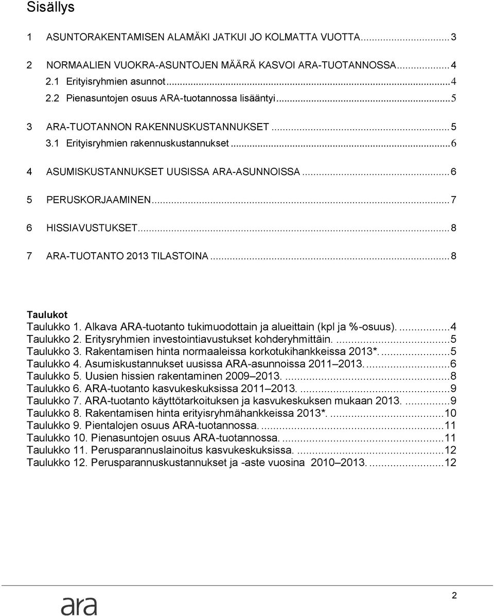 .. 8 7 ARA-TUOTANTO 2013 TILASTOINA... 8 Taulukot Taulukko 1. Alkava ARA-tuotanto tukimuodottain ja alueittain (kpl ja %-osuus).... 4 Taulukko 2. Eritysryhmien investointiavustukset kohderyhmittäin.