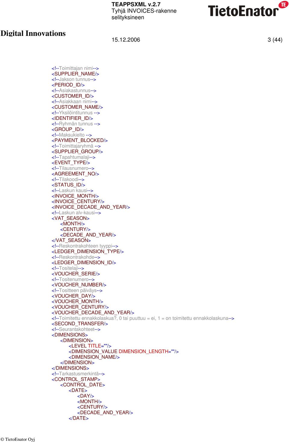 --Tilausnumero--> <AGREEMENT_NO/> <!--Tilakoodi--> <STATUS_ID/> <!--Laskun kausi--> <INVOICE_MONTH/> <INVOICE_CENTURY/> <INVOICE_DECADE_AND_YEAR/> <!--Laskun alv-kausi--> <VAT_SEASON> </VAT_SEASON> <!