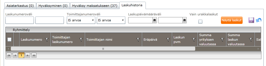 Toukokuu 2016 16 (54) 6.1. Laskuhistoria-välilehti Käsitellyt laskut siirtyvät Laskuhistoria-välilehdelle.