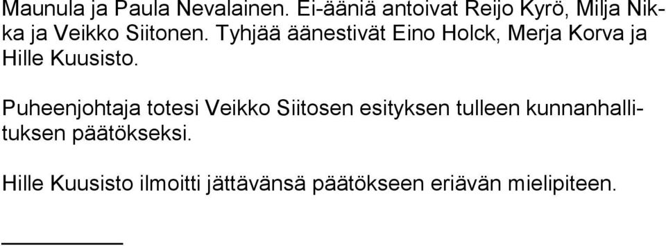 Tyhjää äänestivät Eino Holck, Merja Korva ja Hille Kuusisto.