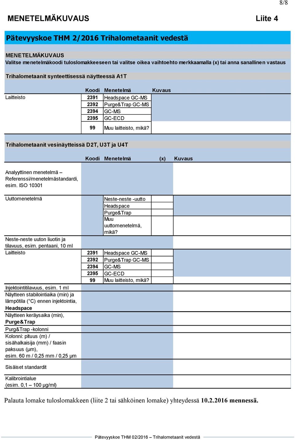 Trihalometaanit vesinäytteissä D2T, U3T ja U4T Analyyttinen menetelmä Referenssi/menetelmästandardi, esim.