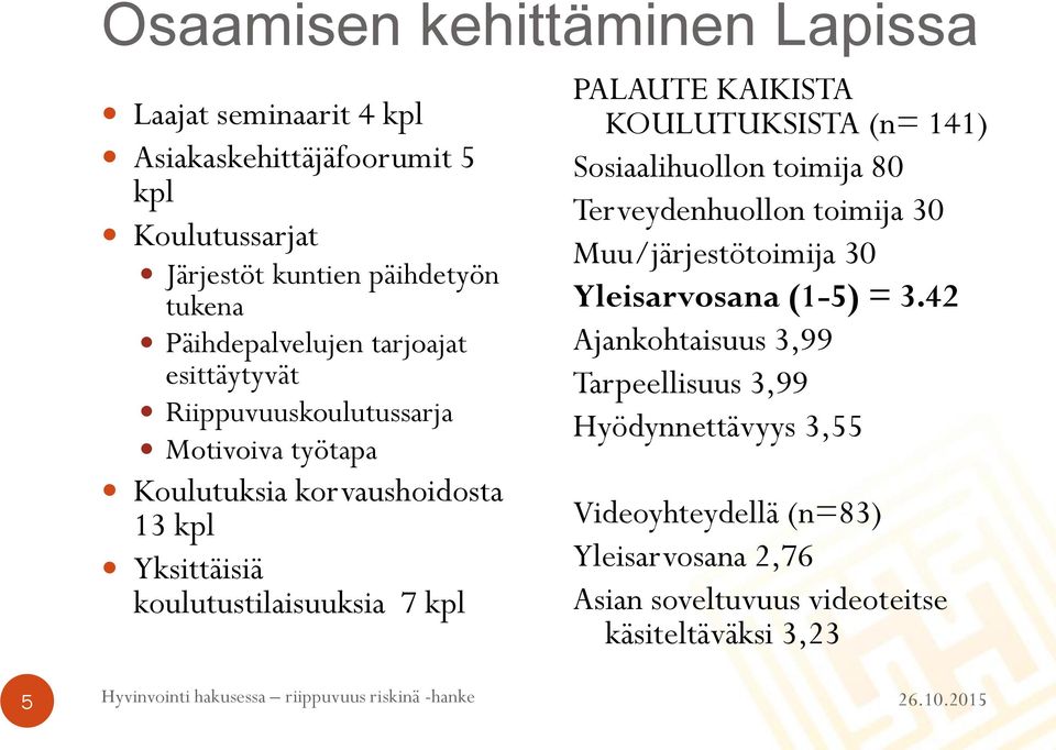 koulutustilaisuuksia 7 kpl PALAUTE KAIKISTA KOULUTUKSISTA (n= 141) Sosiaalihuollon toimija 80 Terveydenhuollon toimija 30 Muu/järjestötoimija 30