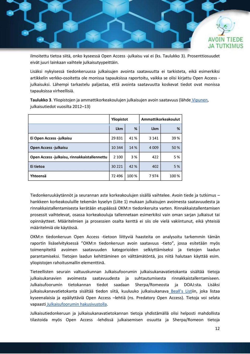 - julkaisuksi. Lähempi tarkastelu paljastaa, että avointa saatavuutta koskevat tiedot ovat monissa tapauksissa virheellisiä. Taulukko 3.