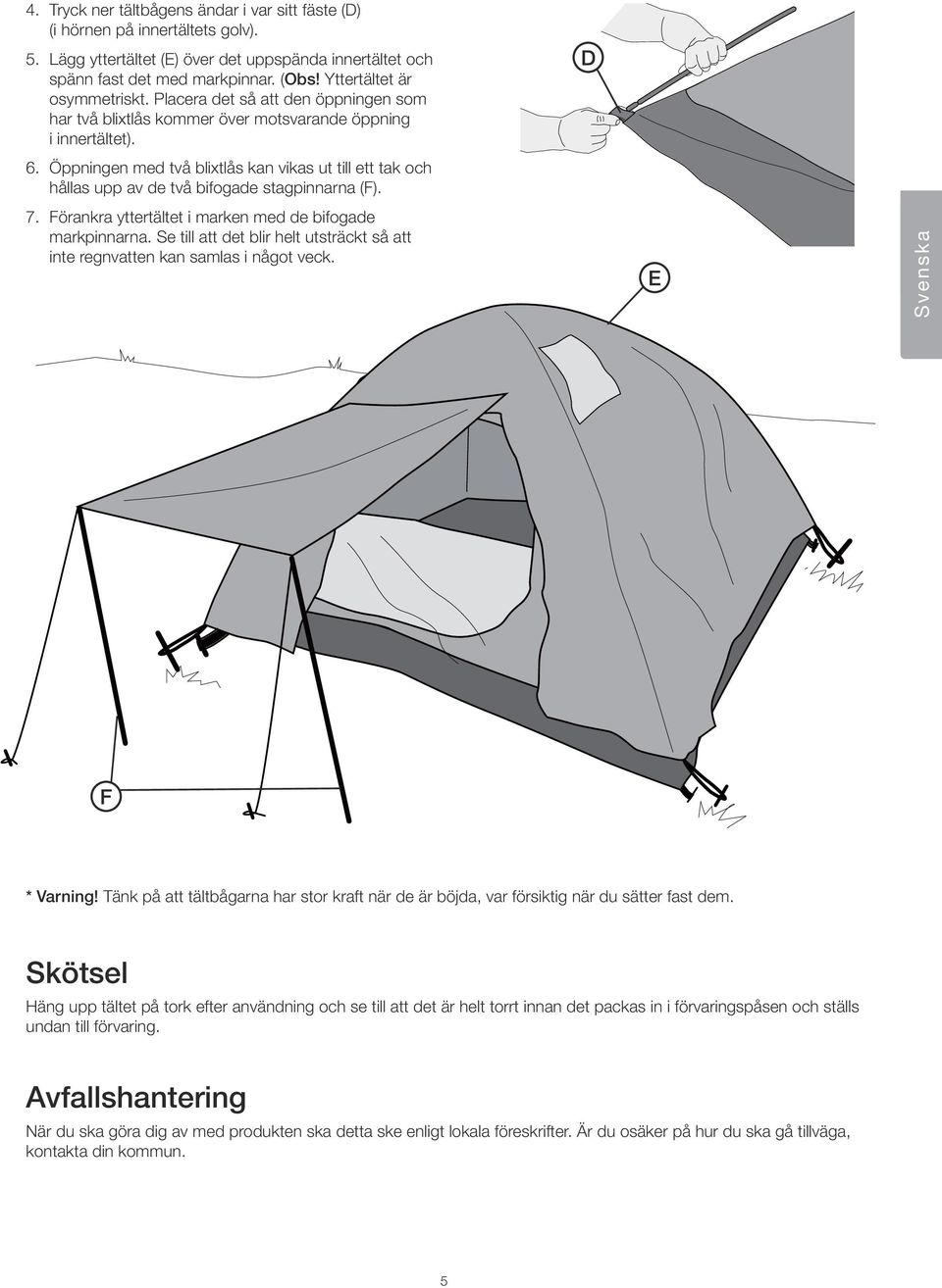 Öppningen med två blixtlås kan vikas ut till ett tak och hållas upp av de två bifogade stagpinnarna (F). 7. Förankra yttertältet i marken med de bifogade markpinnarna.