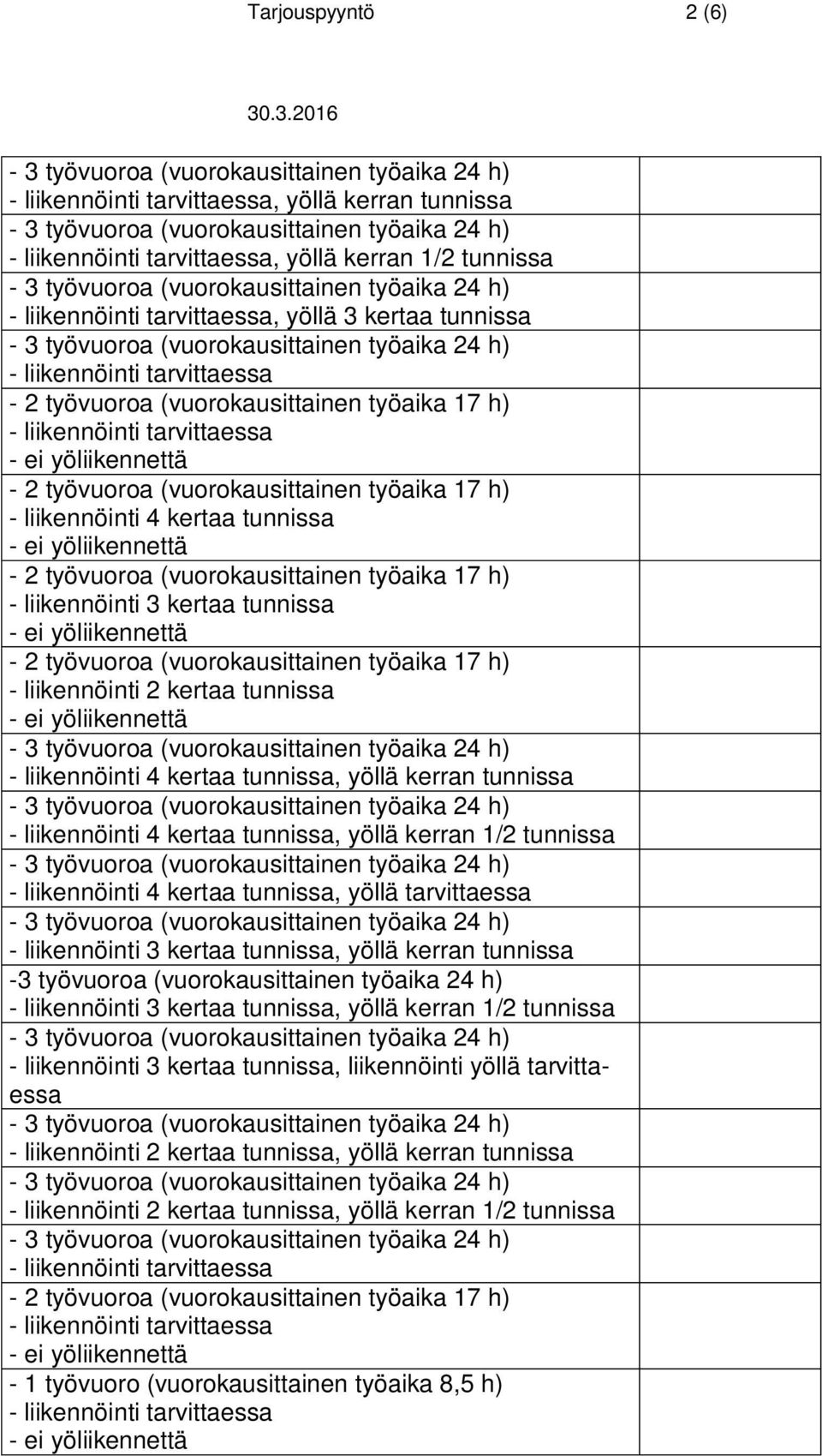 liikennöinti 3 kertaa tunnissa, yöllä kerran tunnissa -3 työvuoroa (vuorokausittainen työaika 24 h) - liikennöinti 3 kertaa tunnissa, yöllä kerran 1/2 tunnissa - liikennöinti 3 kertaa