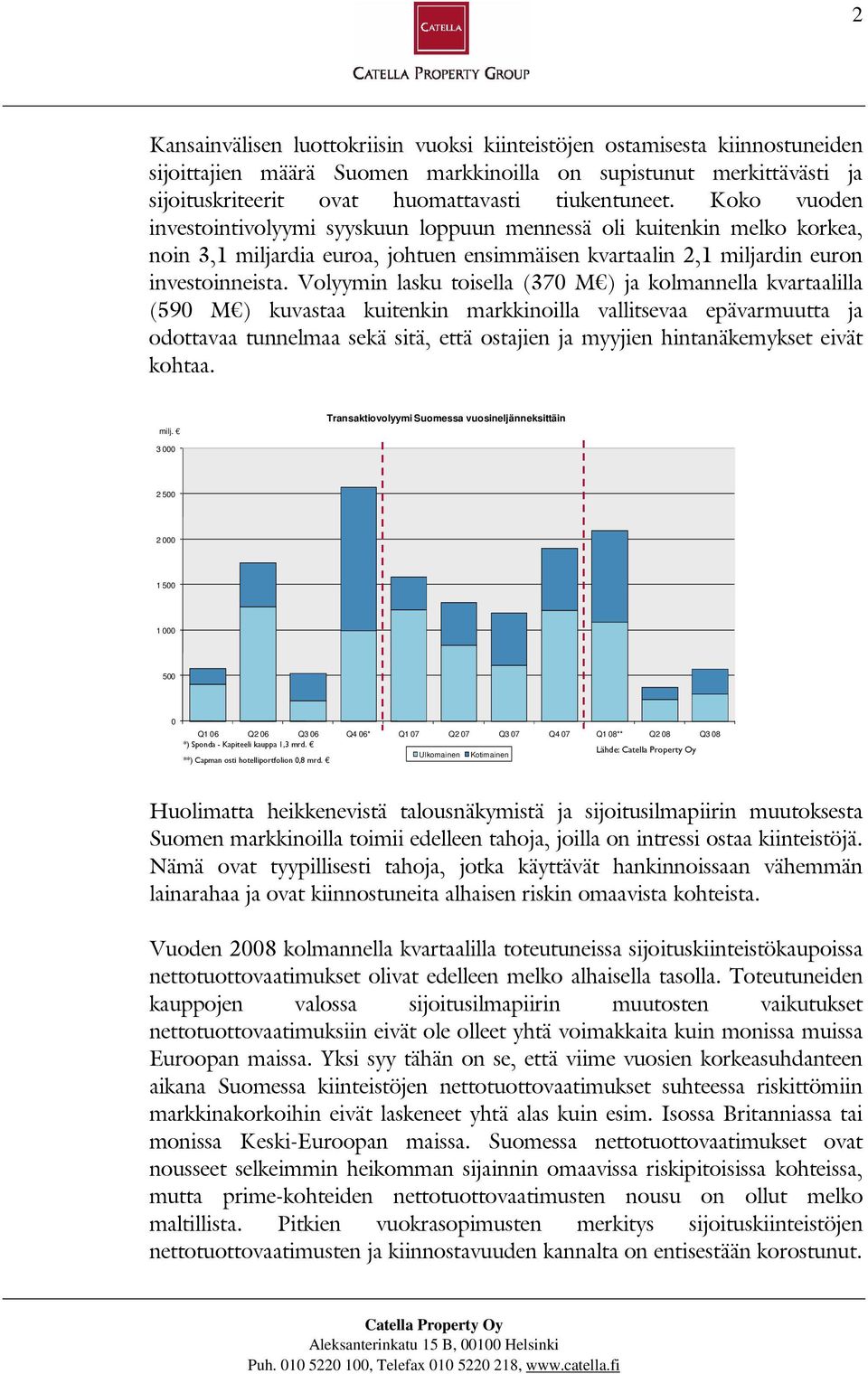 Volyymin lasku toisella (370 M ) ja kolmannella kvartaalilla (590 M ) kuvastaa kuitenkin markkinoilla vallitsevaa epävarmuutta ja odottavaa tunnelmaa sekä sitä, että ostajien ja myyjien