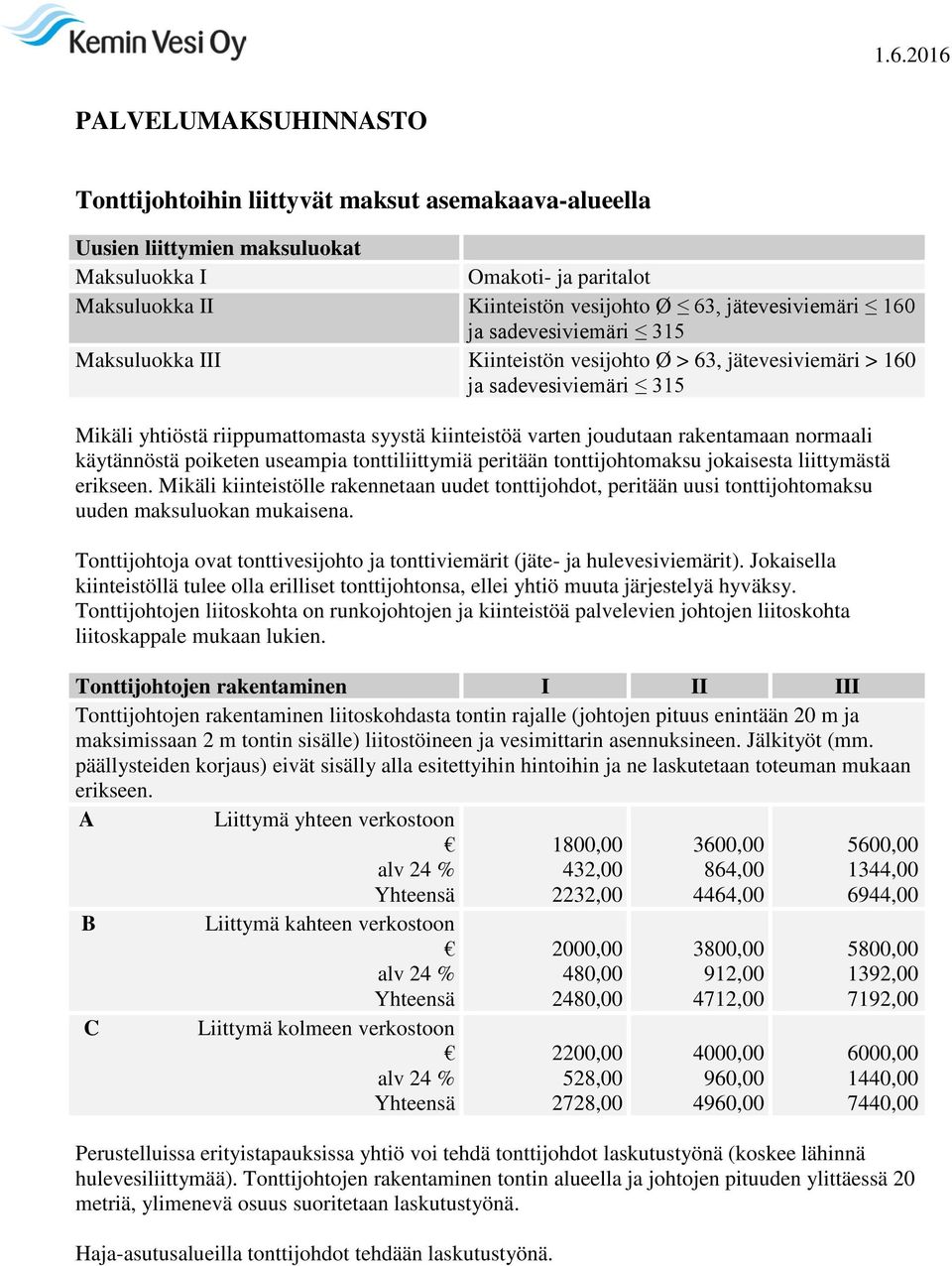 normaali käytännöstä poiketen useampia tonttiliittymiä peritään tonttijohtomaksu jokaisesta liittymästä erikseen.