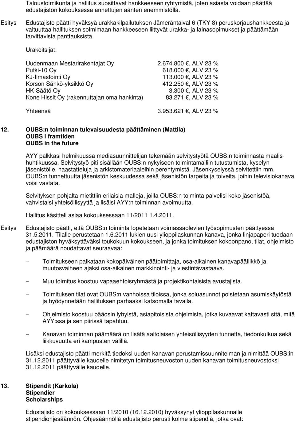 tarvittavista panttauksista. Urakoitsijat: Uudenmaan Mestarirakentajat Oy 2.674.800, ALV 23 % Putki-10 Oy 618.000, ALV 23 % KJ-Ilmastointi Oy 113.000, ALV 23 % Korson Sähkö-yksikkö Oy 412.