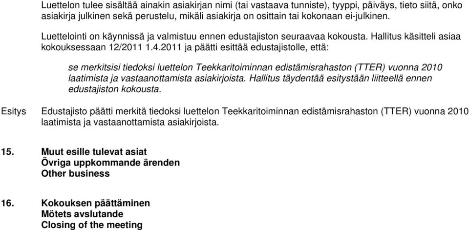 2011 ja päätti esittää edustajistolle, että: se merkitsisi tiedoksi luettelon Teekkaritoiminnan edistämisrahaston (TTER) vuonna 2010 laatimista ja vastaanottamista asiakirjoista.