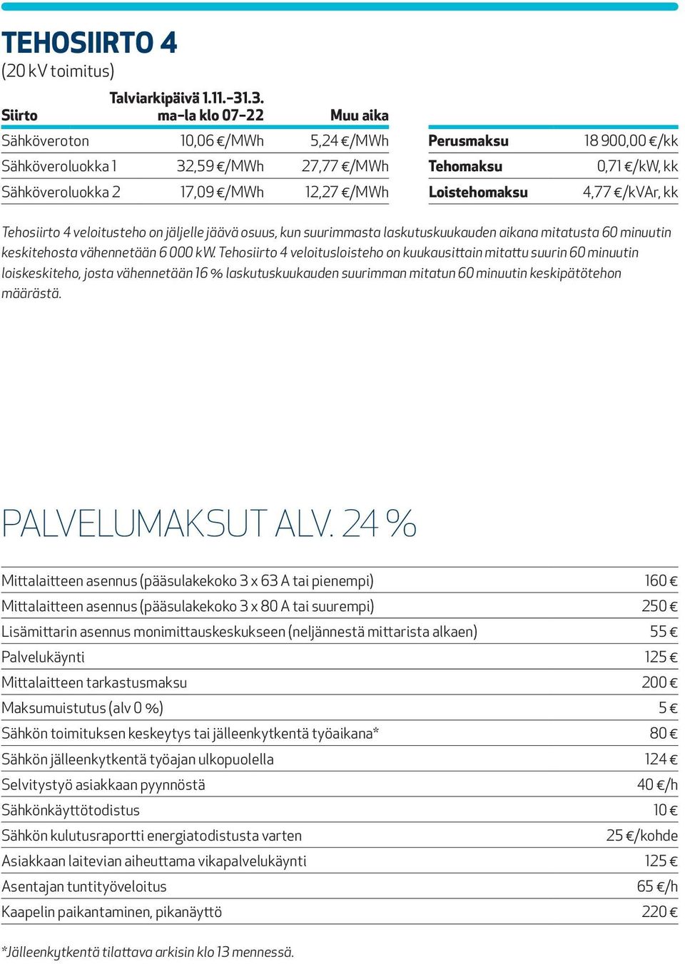 Tehosiirto 4 veloitusloisteho on kuukausittain mitattu suurin 60 minuutin loiskeskiteho, josta vähennetään 16 % laskutuskuukauden suurimman mitatun 60 minuutin keskipätötehon määrästä.