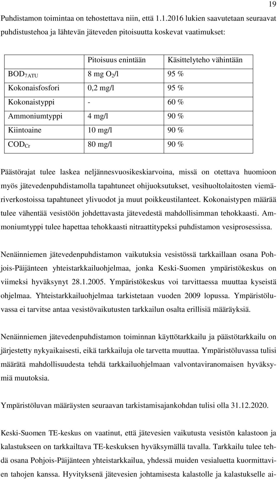 mg/l 95 % Kokonaistyppi - 60 % Ammoniumtyppi 4 mg/l 90 % Kiintoaine 10 mg/l 90 % COD Cr 80 mg/l 90 % Päästörajat tulee laskea neljännesvuosikeskiarvoina, missä on otettava huomioon myös