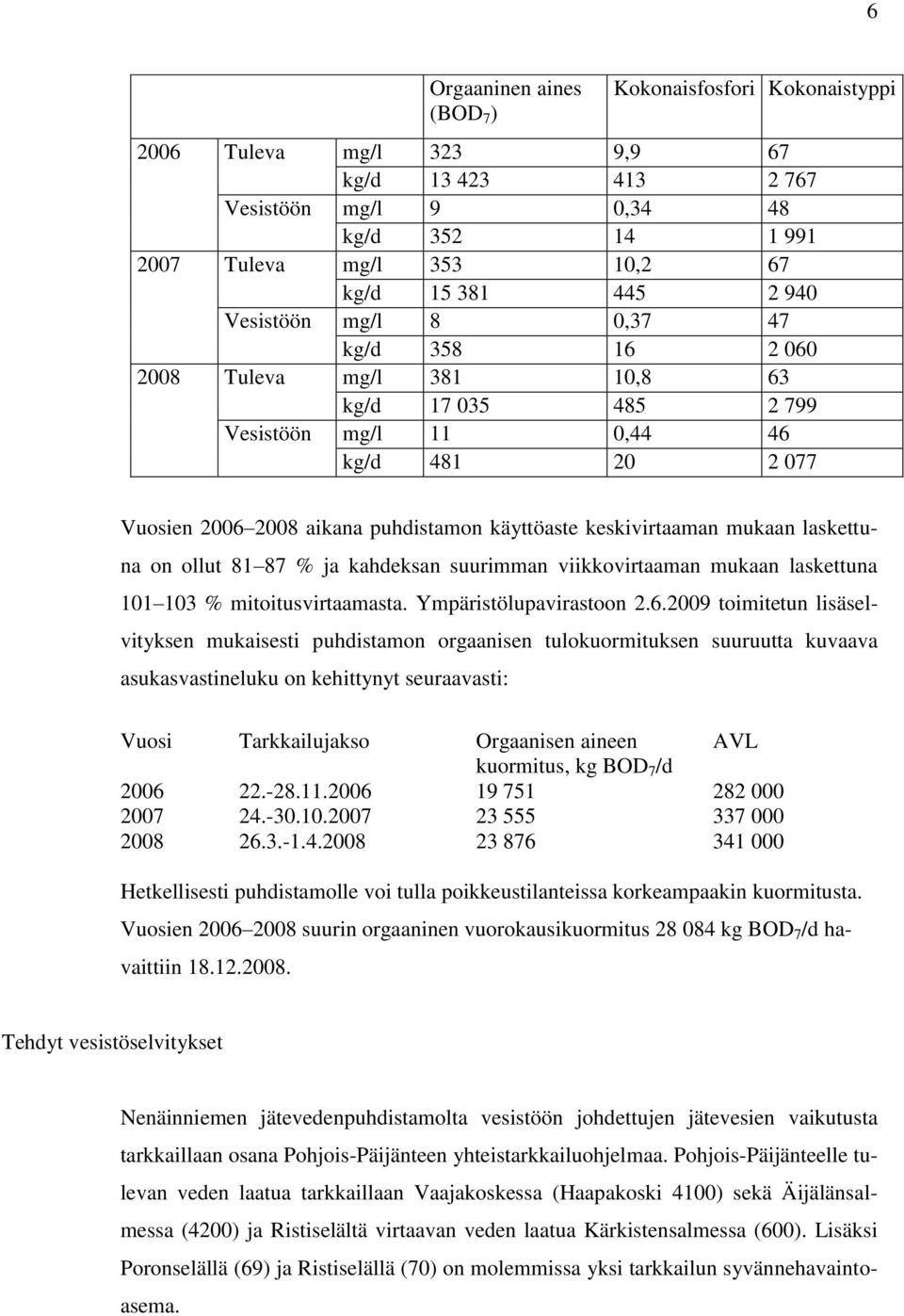 keskivirtaaman mukaan laskettuna on ollut 81 87 % ja kahdeksan suurimman viikkovirtaaman mukaan laskettuna 101 103 % mitoitusvirtaamasta. Ympäristölupavirastoon 2.6.