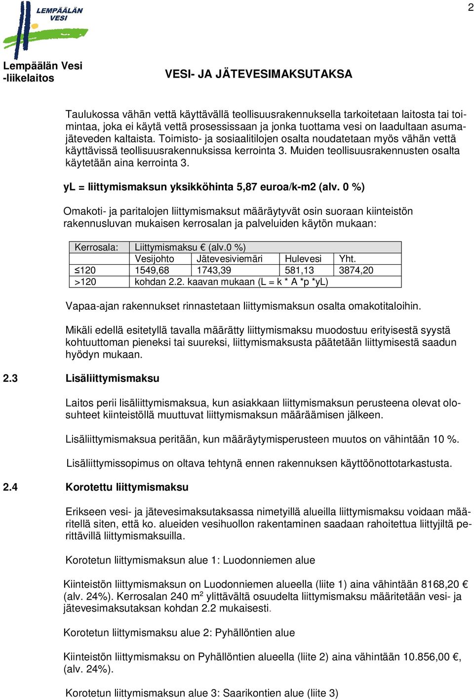 yl = liittymismaksun yksikköhinta 5,87 euroa/k-m2 (alv.