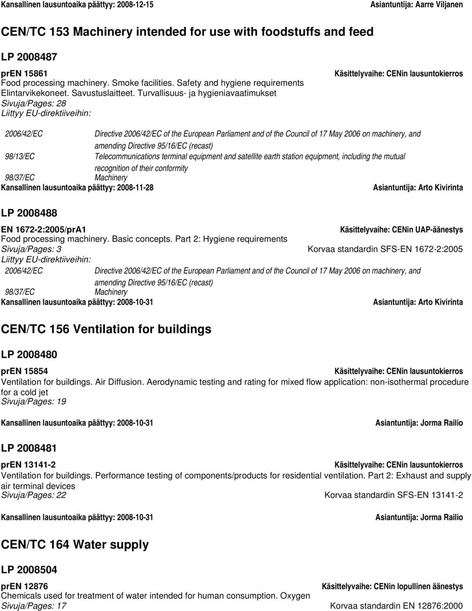 Turvallisuus- ja hygieniavaatimukset Sivuja/Pages: 28 Käsittelyvaihe: CENin lausuntokierros 98/13/EC Telecommunications terminal equipment and satellite earth station equipment, including the mutual