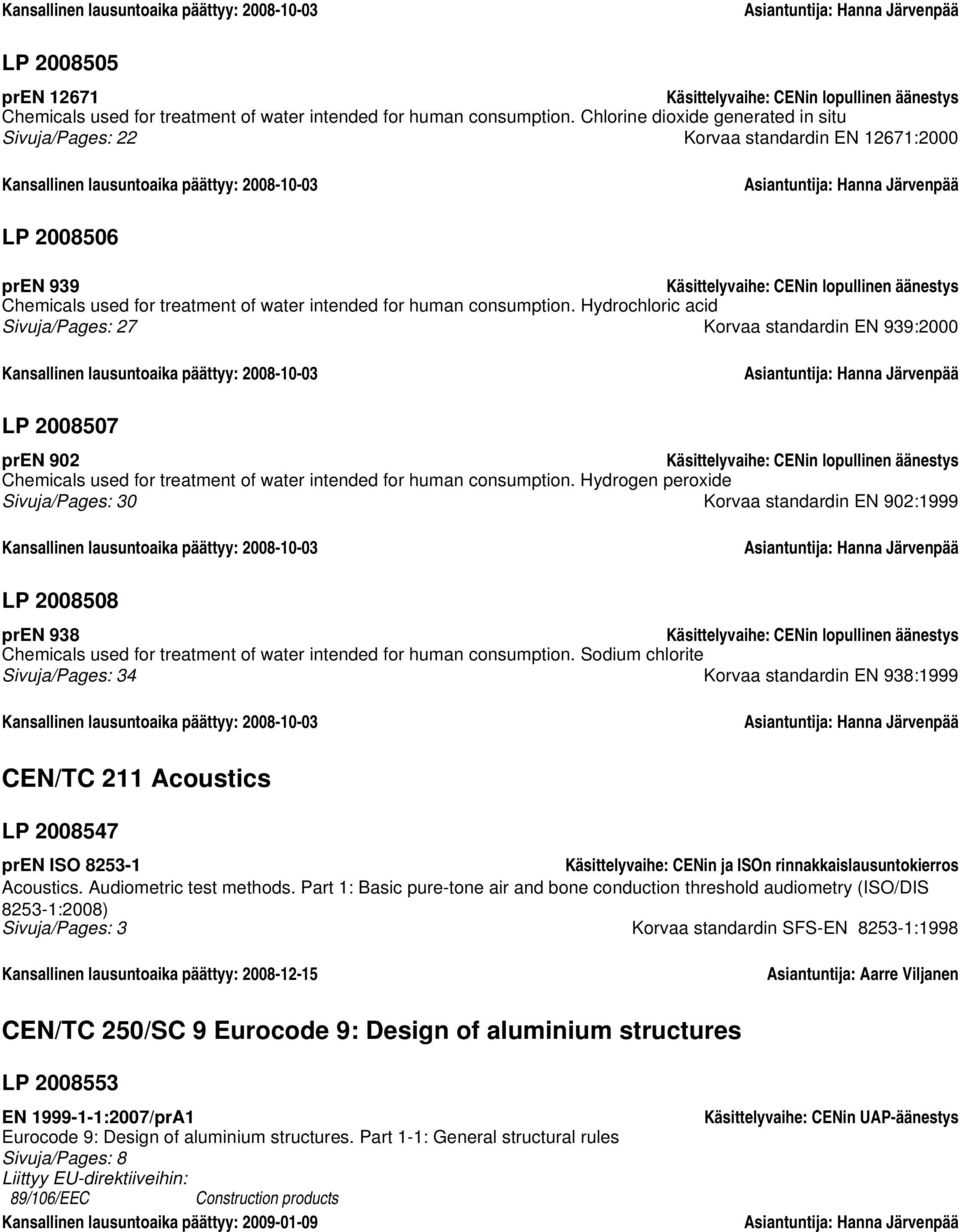 Chlorine dioxide generated in situ Sivuja/Pages: 22 Korvaa standardin EN 12671:2000 Kansallinen lausuntoaika päättyy: 2008-10-03 Asiantuntija: Hanna Järvenpää LP 2008506 pren 939 Käsittelyvaihe: