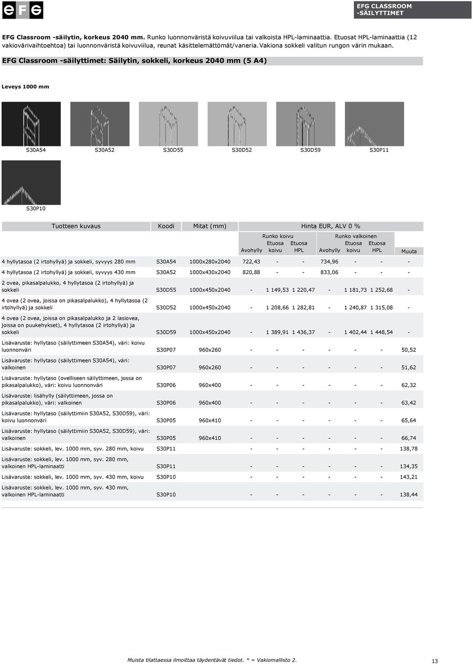 EFG Classroom -säilyttimet: Säilytin, sokkeli, korkeus 2040 mm (5 A4) Leveys 1000 mm S30A54 S30A52 S30D55 S30D52 S30D59 S30P11 S30P10 Runko Runko valkoinen Muuta 4 hyllytasoa (2 irtohyllyä) ja