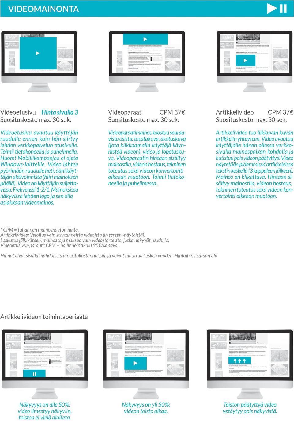 Video on käyttäjän suljettavissa. Frekvenssi 1-2/1. Mainoksissa näkyvissä lehden logo ja sen alla asiakkaan videomainos. Videoparaati CPM 37 Suosituskesto max. 30 sek.