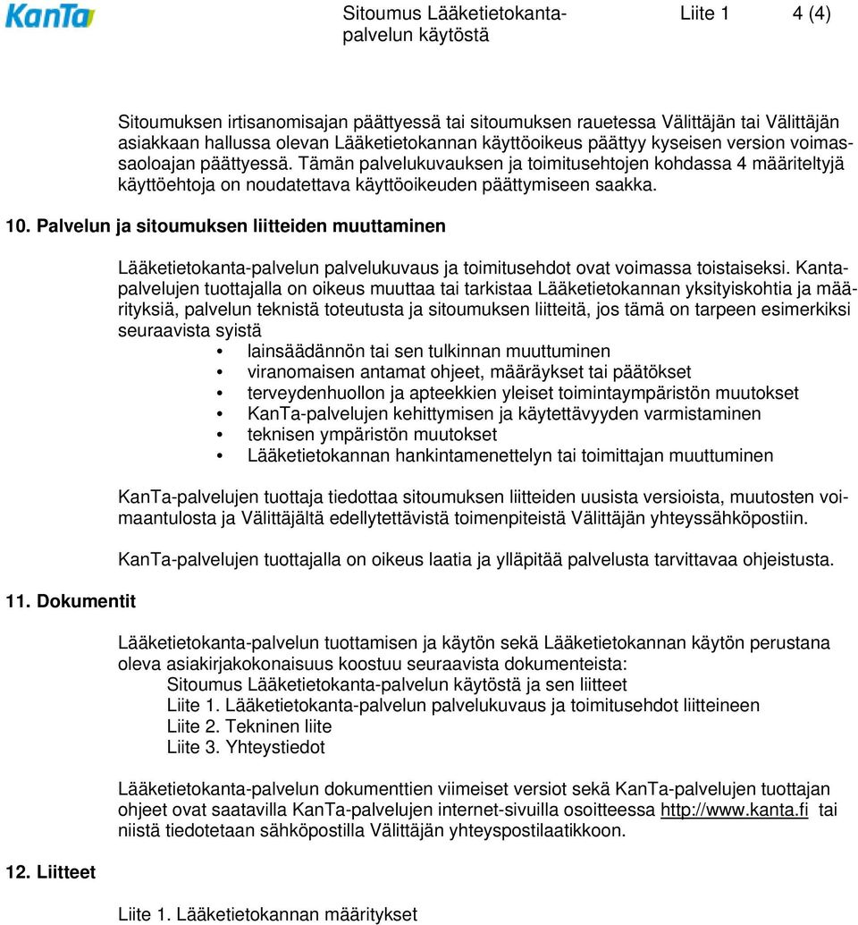 Palvelun ja sitoumuksen liitteiden muuttaminen 11. Dokumentit 12. Liitteet Lääketietokanta-palvelun palvelukuvaus ja toimitusehdot ovat voimassa toistaiseksi.