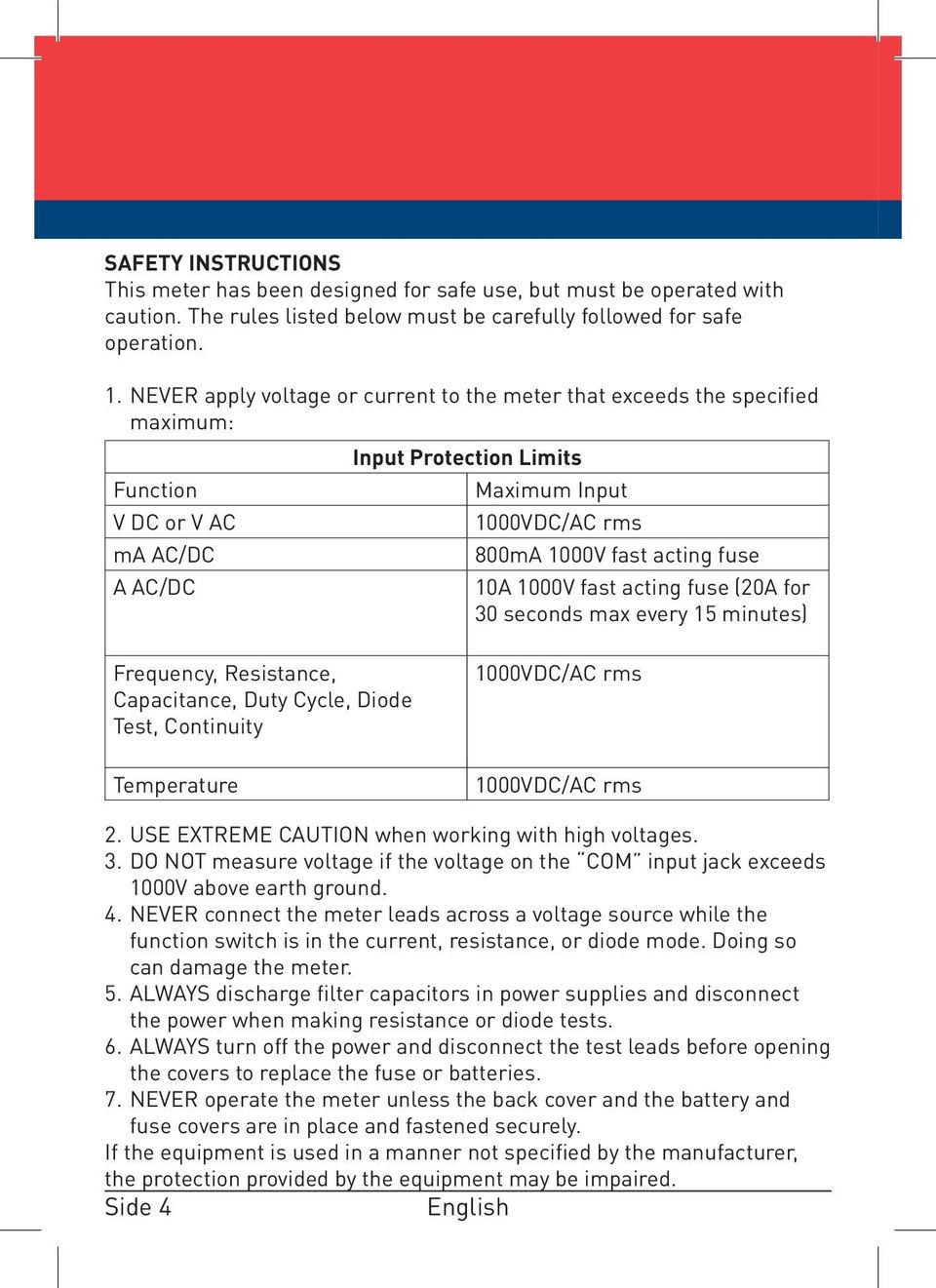 fuse 10A 1000V fast acting fuse (20A for 30 seconds max every 15 minutes) Frequency, Resistance, Capacitance, Duty Cycle, Diode Test, Continuity Temperature 1000VDC/AC rms 1000VDC/AC rms 2.