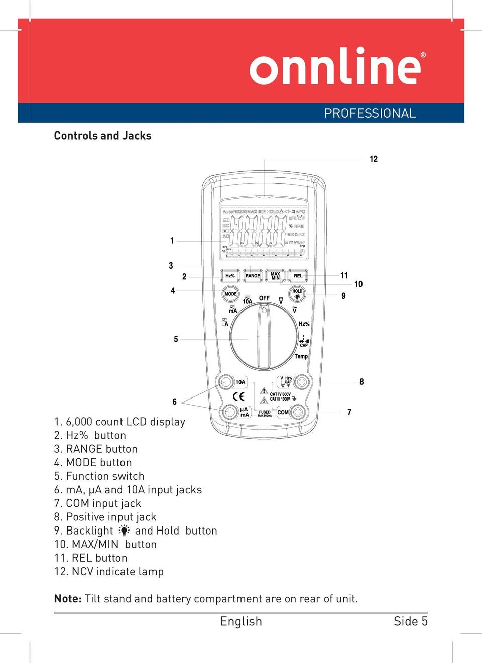 COM input jack 8. Positive input jack 9. Backlight and Hold button 10. MAX/MIN button 11.