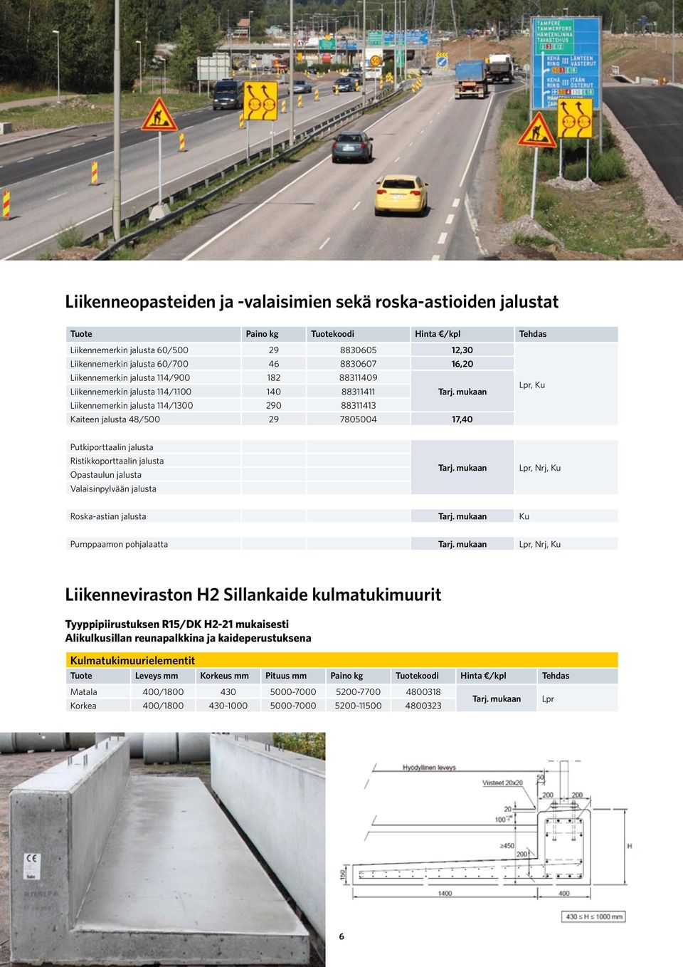 Putkiporttaalin jalusta Ristikkoporttaalin jalusta Opastaulun jalusta Valaisinpylvään jalusta, Nrj, Ku Roska-astian jalusta Ku Pumppaamon pohjalaatta, Nrj, Ku Liikenneviraston H2 Sillankaide