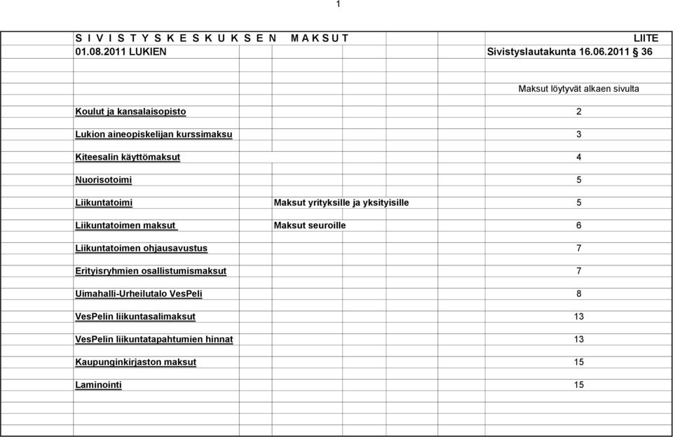 Nuorisotoimi 5 Liikuntatoimi Maksut yrityksille ja yksityisille 5 Liikuntatoimen maksut Maksut seuroille 6 Liikuntatoimen ohjausavustus