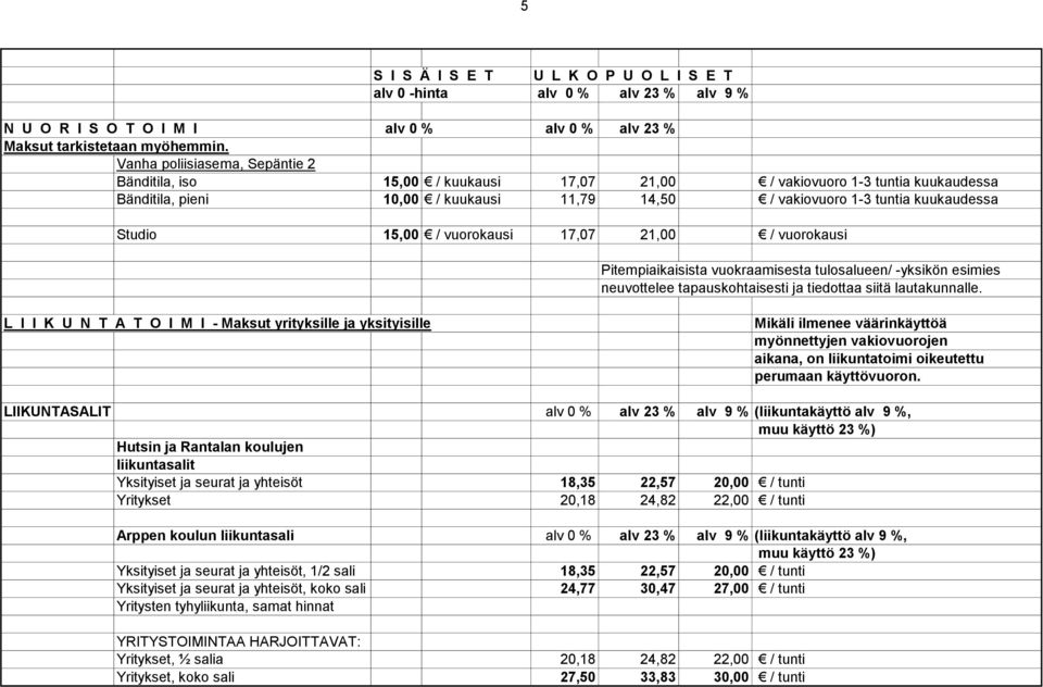 15,00 / vuorokausi 17,07 21,00 / vuorokausi Pitempiaikaisista vuokraamisesta tulosalueen/ -yksikön esimies neuvottelee tapauskohtaisesti ja tiedottaa siitä lautakunnalle.