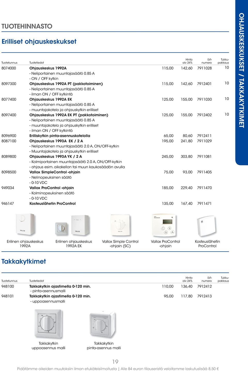 85 A - ilman ON / OFF kytkintä 8077400 Ohjauskeskus 1992A EK 125,00 155,00 7911030 10 - Neliportainen muuntajasäätö 0.