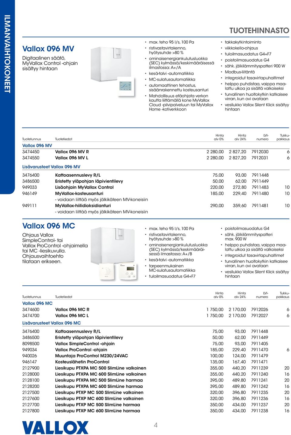 liittämällä kone MyVallox Cloud -pilvipalveluun tai MyVallox Home -kotiverkkoon TUOTEHINNASTO takkakytkintoiminto viikkokello-ohjaus tuloilmasuodatus G4+F7 sähk.