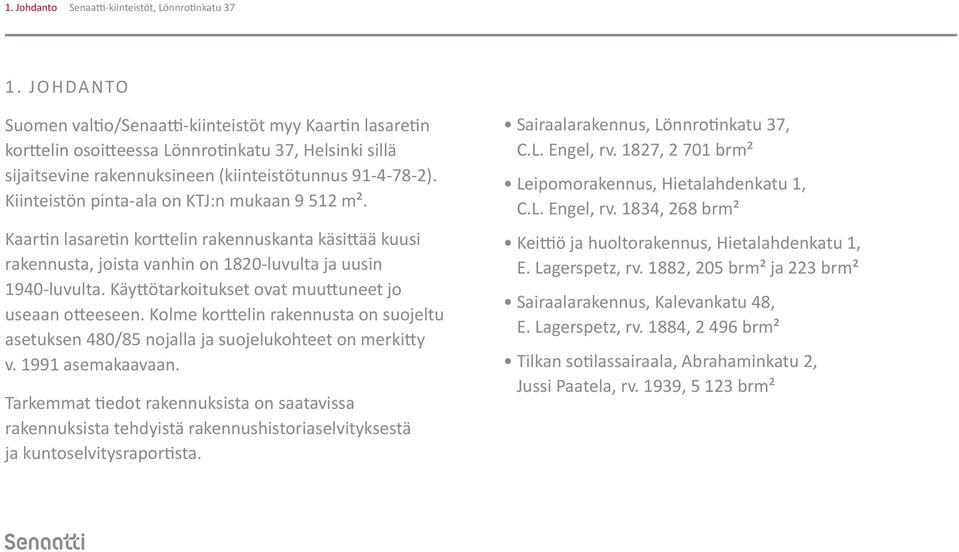 Kiinteistön pinta-ala on KTJ:n mukaan 9 512 m². Kaartin lasaretin korttelin rakennuskanta käsittää kuusi rakennusta, joista vanhin on 1820-luvulta ja uusin 1940-luvulta.