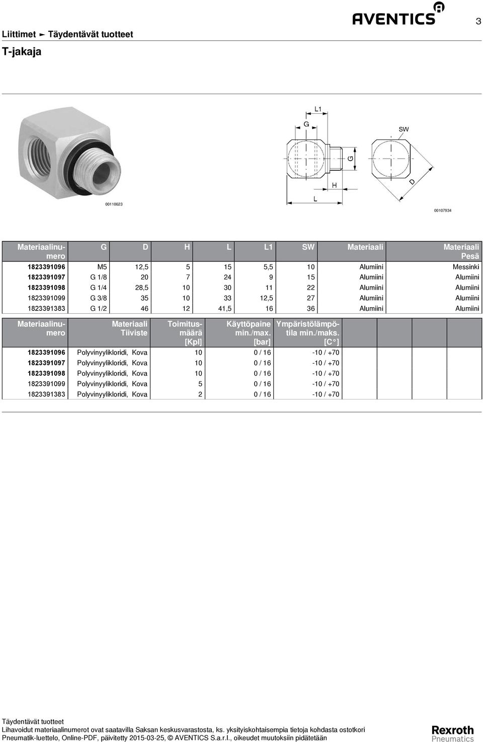 Alumiini Materiaali Tiiviste Toimitusmäärä [Kpl] Käyttöpaine 1823391096 Polyvinyylikloridi, Kova 10 0 / 16-10 / +70 1823391097 Polyvinyylikloridi, Kova 10 0 /