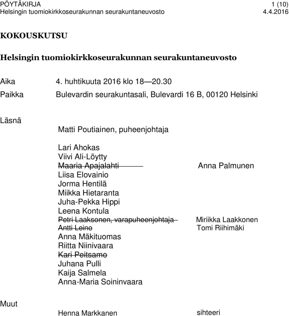 Apajalahti Liisa Elovainio Jorma Hentilä Miikka Hietaranta Juha-Pekka Hippi Leena Kontula Petri Laaksonen, varapuheenjohtaja Antti Leino Anna