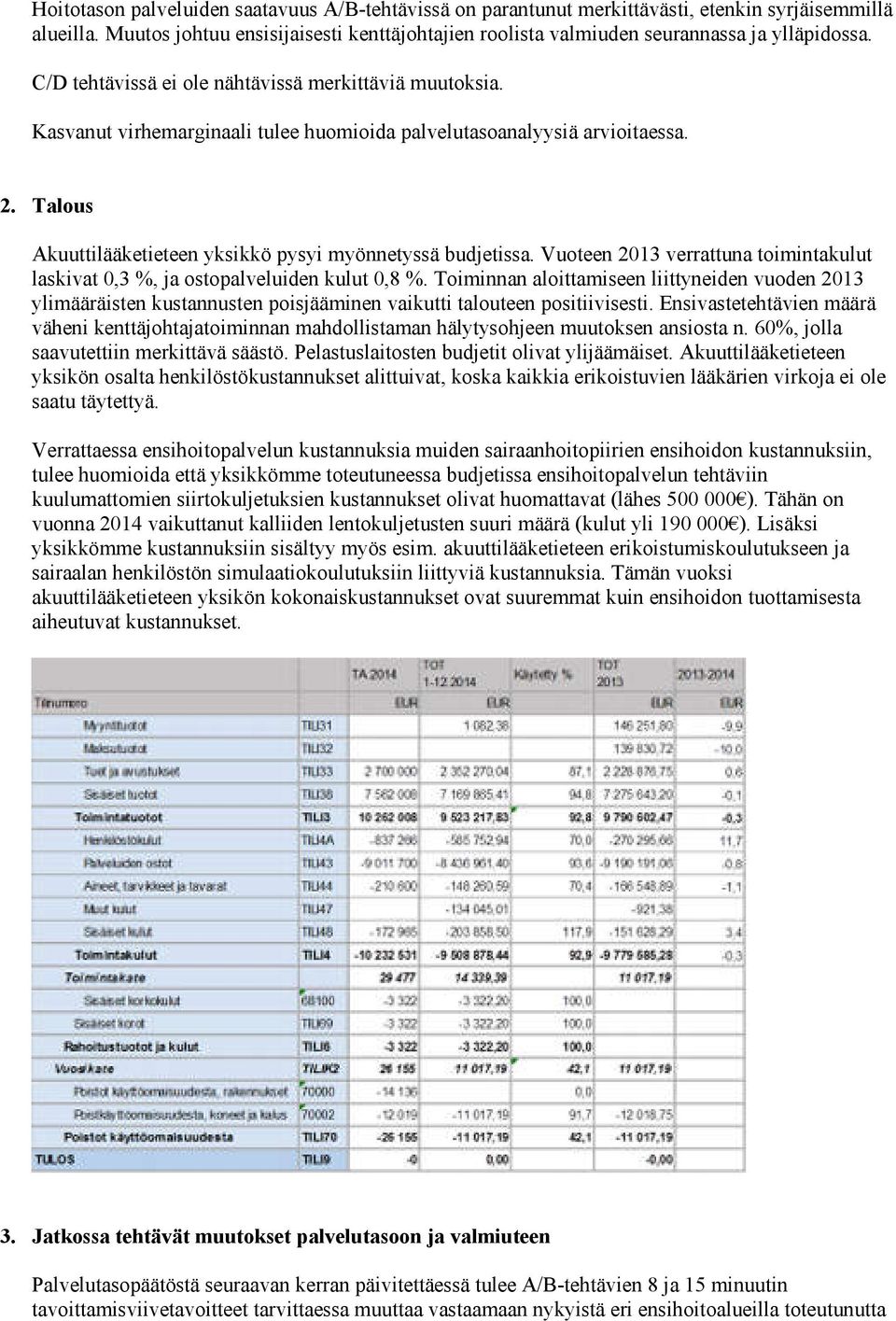 Kasvanut virhemarginaali tulee huomioida palvelutasoanalyysiä arvioitaessa. 2. Talous Akuuttilääketieteen yksikkö pysyi myönnetyssä budjetissa.