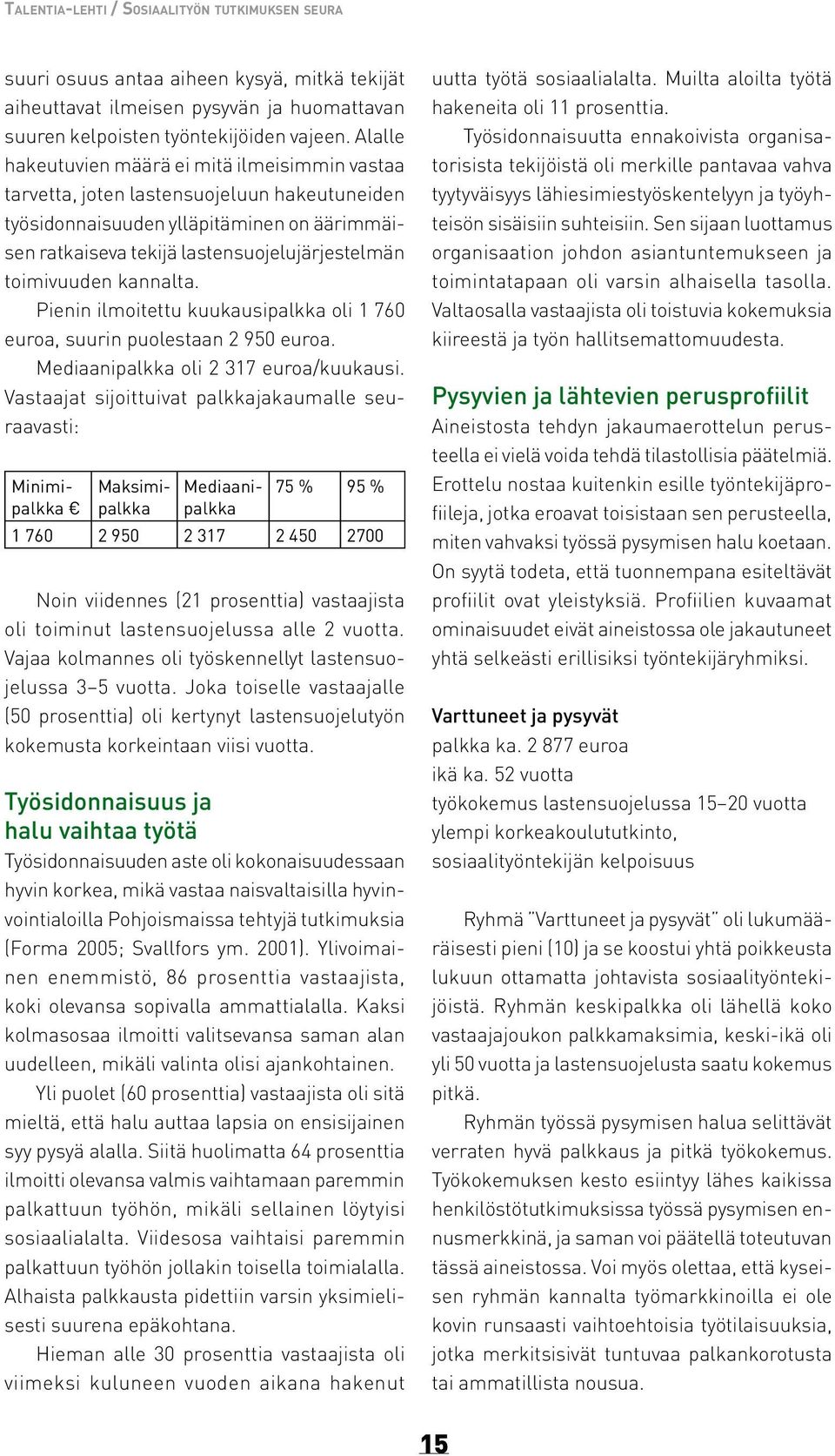 toimivuuden kannalta. Pienin ilmoitettu kuukausipalkka oli 1 760 euroa, suurin puolestaan 2 950 euroa. Mediaanipalkka oli 2 317 euroa/kuukausi.