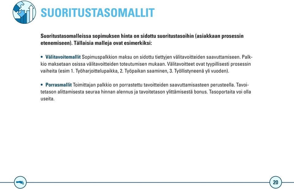 Palkkio maksetaan osissa välitavoitteiden toteutumisen mukaan. Välitavoitteet ovat tyypillisesti prosessin vaiheita (esim 1. Työharjoittelupaikka, 2.