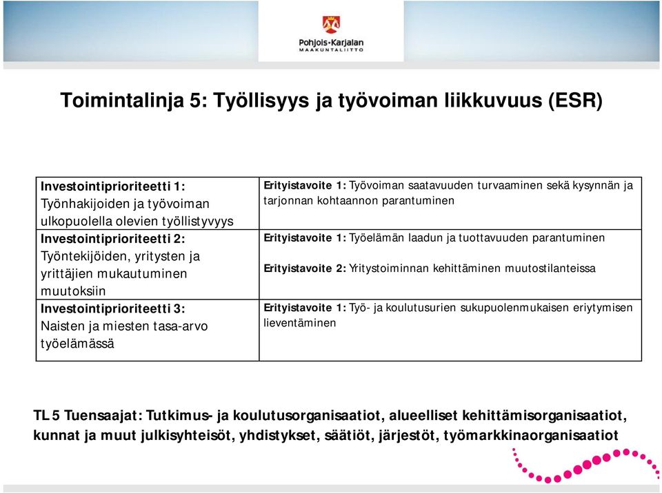 kohtaannon parantuminen Erityistavoite 1: Työelämän laadun ja tuottavuuden parantuminen Erityistavoite 2: Yritystoiminnan kehittäminen muutostilanteissa Erityistavoite 1: Työ- ja koulutusurien