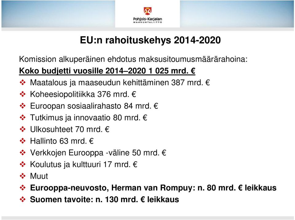 Euroopan sosiaalirahasto 84 mrd. Tutkimus ja innovaatio 80 mrd. Ulkosuhteet 70 mrd. Hallinto 63 mrd.