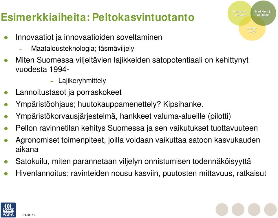 Ympäristökorvausjärjestelmä, hankkeet valuma-alueille (pilotti) Pellon ravinnetilan kehitys Suomessa ja sen vaikutukset tuottavuuteen Agronomiset toimenpiteet,