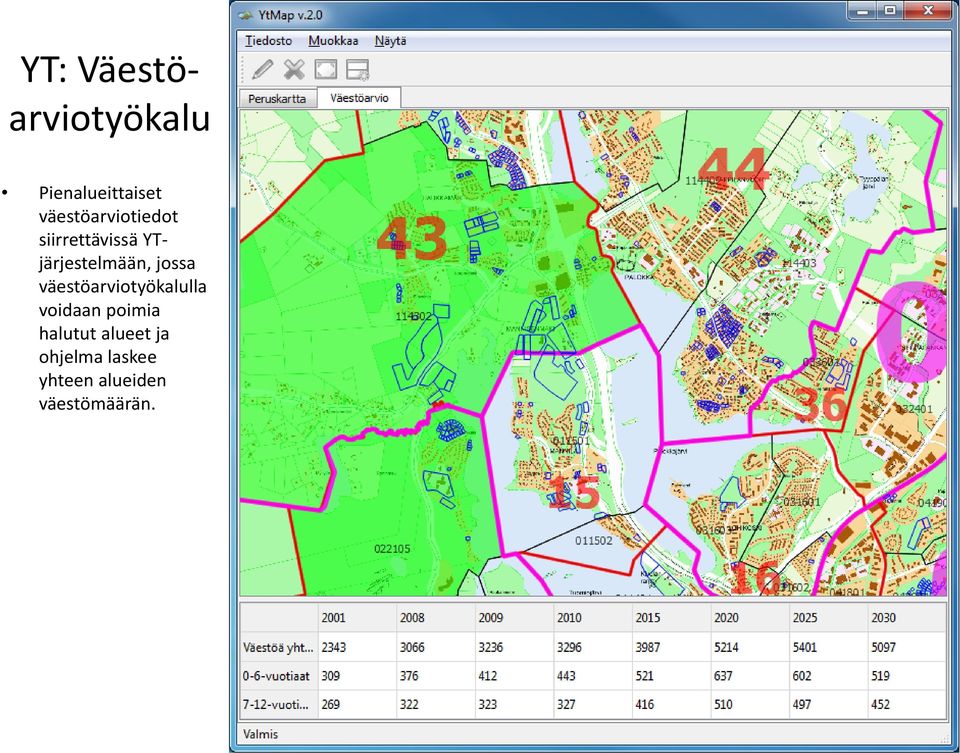 YTjärjestelmään, jossa väestöarviotyökalulla