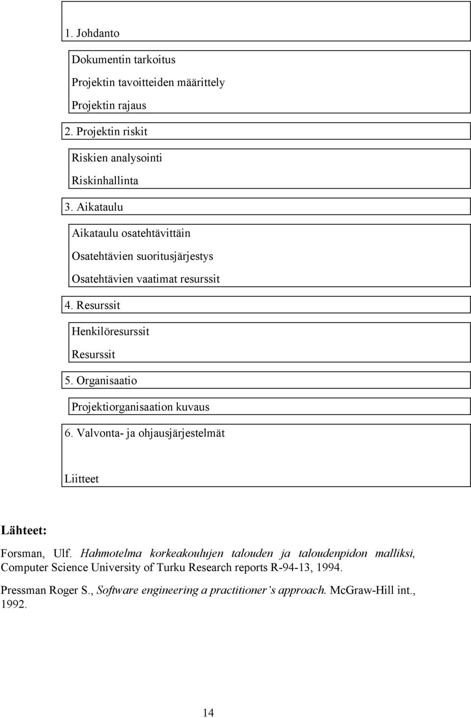 Organisaatio Projektiorganisaation kuvaus 6. Valvonta- ja ohjausjärjestelmät Liitteet Lähteet: Forsman, Ulf.