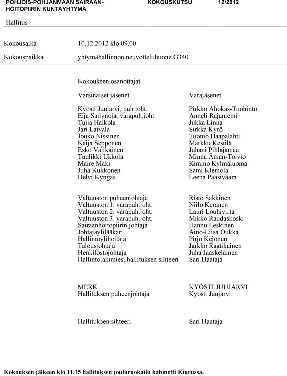 Tuija Haikola Jari Latvala Jouko Nissinen Kaija Sepponen Esko Valikainen Tuulikki Ukkola Maire Mäki Juha Kukkonen Helvi Kyngäs Varajäsenet Pirkko Ahokas-Tuohinto Anneli Rajaniemi Jukka Linna Sirkka