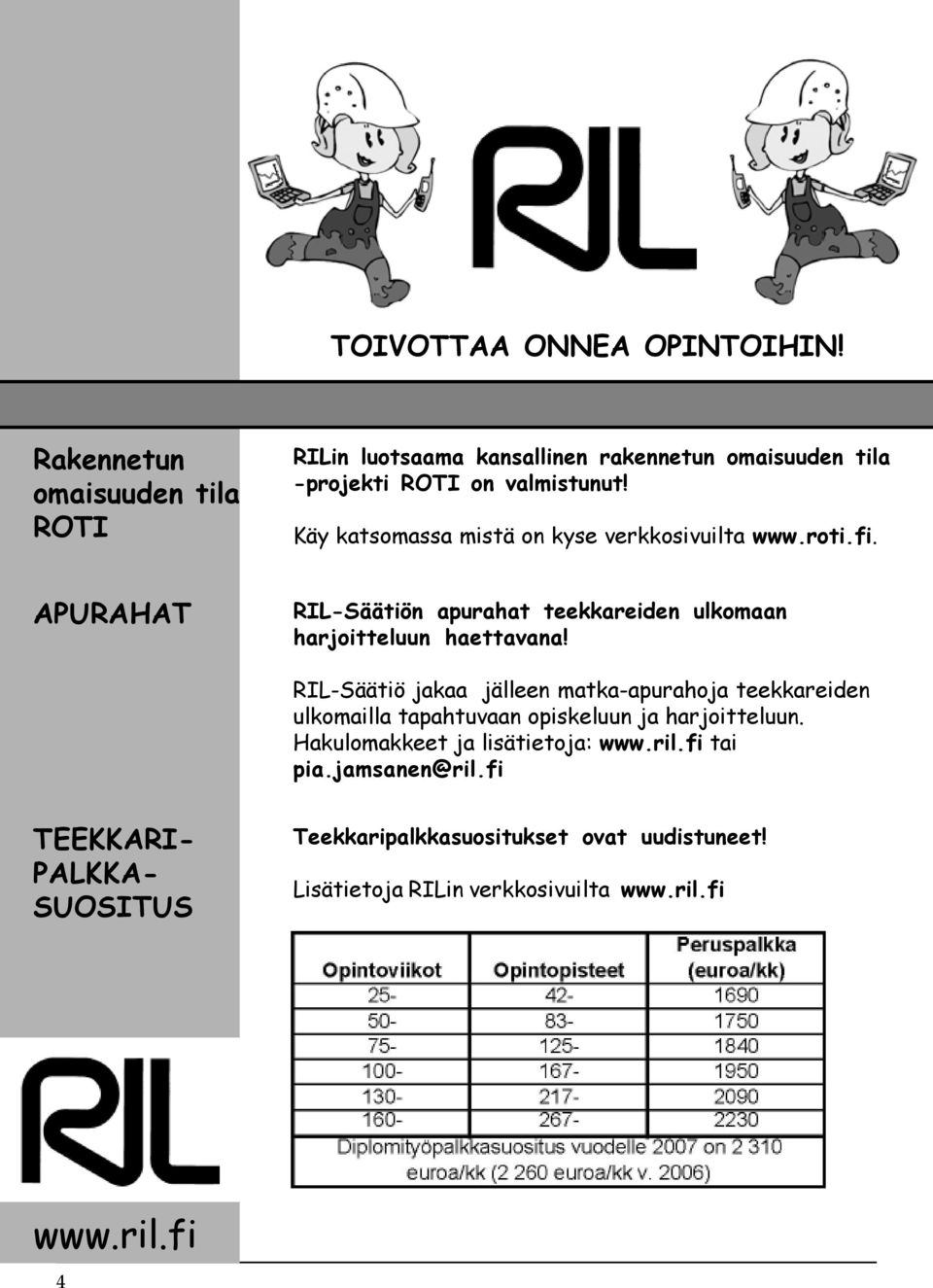 RIL-Säätiö jakaa jälleen matka-apurahoja teekkareiden ulkomailla tapahtuvaan opiskeluun ja harjoitteluun. Hakulomakkeet ja lisätietoja: www.ril.